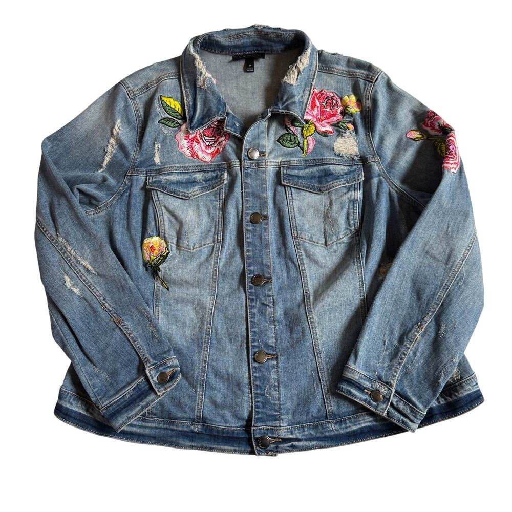 Lane Bryant Floral Embroidered Distressed Trucker Jean Jacket Sashiko Size 20 - Picture 7 of 15